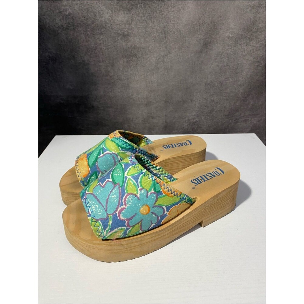 Vtg 90s Coasters Faux Wood Platform Sandals Floral Slide Wedge Clog Women’s SZ 6
